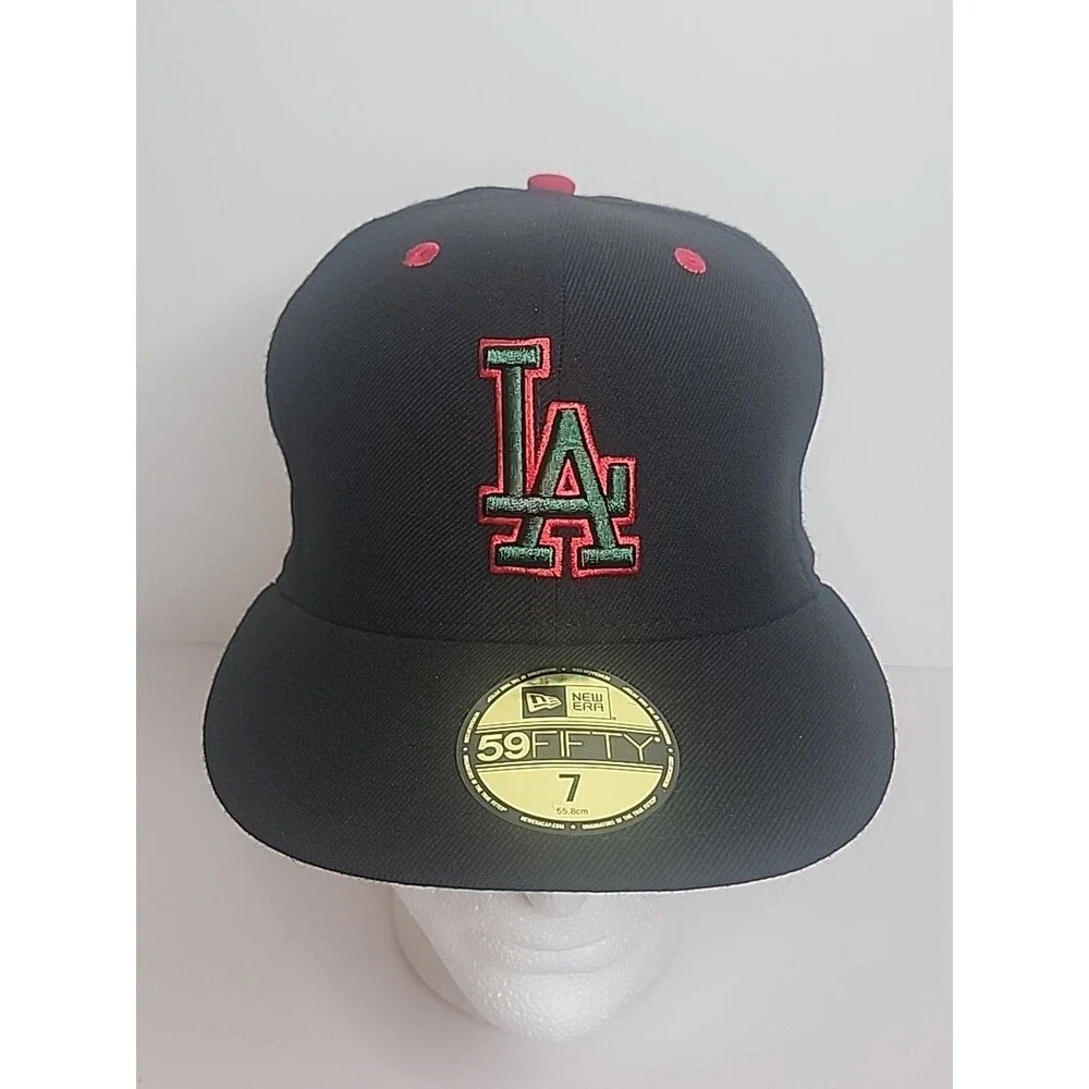 Los Angeles Dodgers New Era 59Fifty Cap Hat Size 7 Black W/ Green & Red Logo MLB